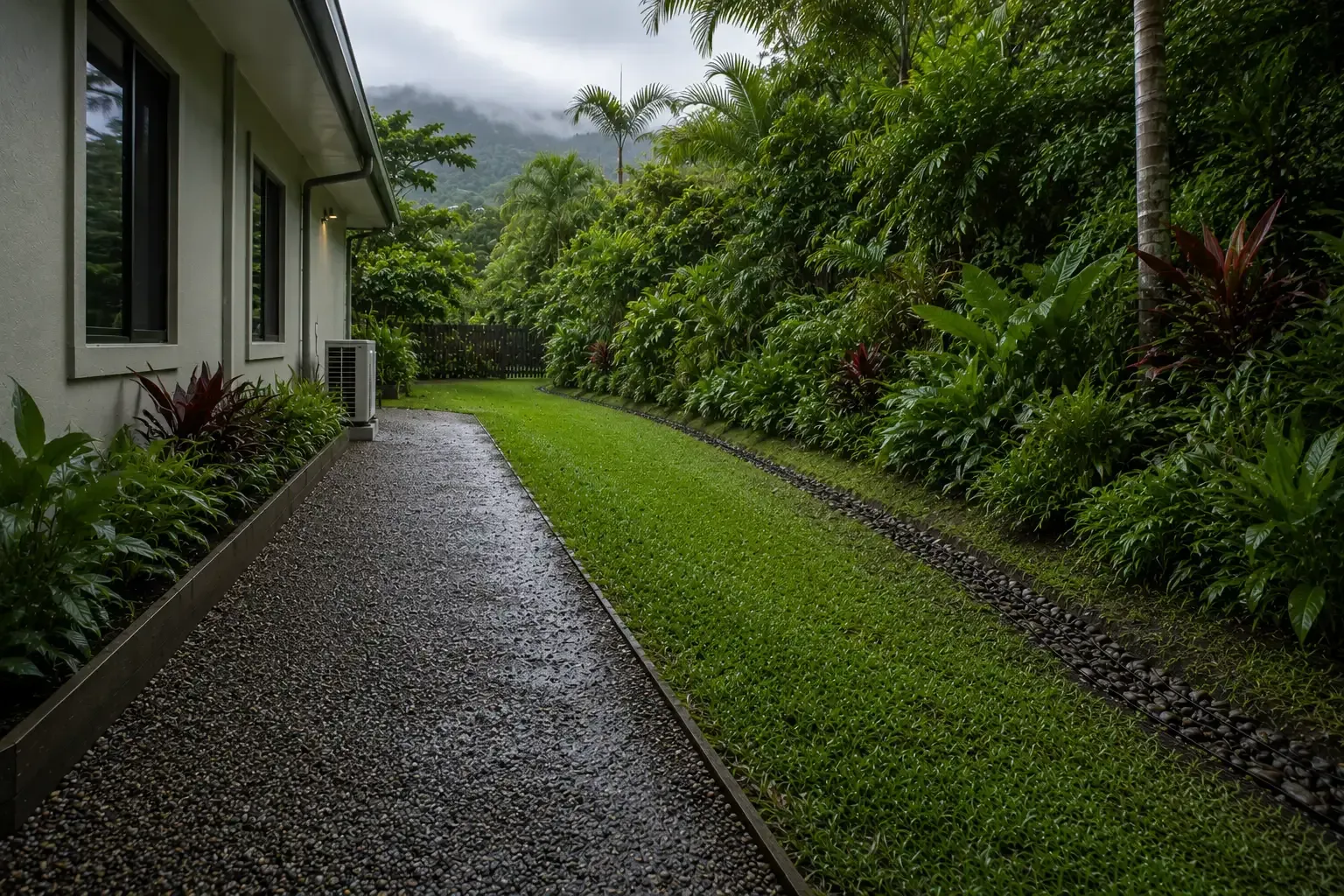 Yard shaped away from the home and a swale installed to move runoff to a drain