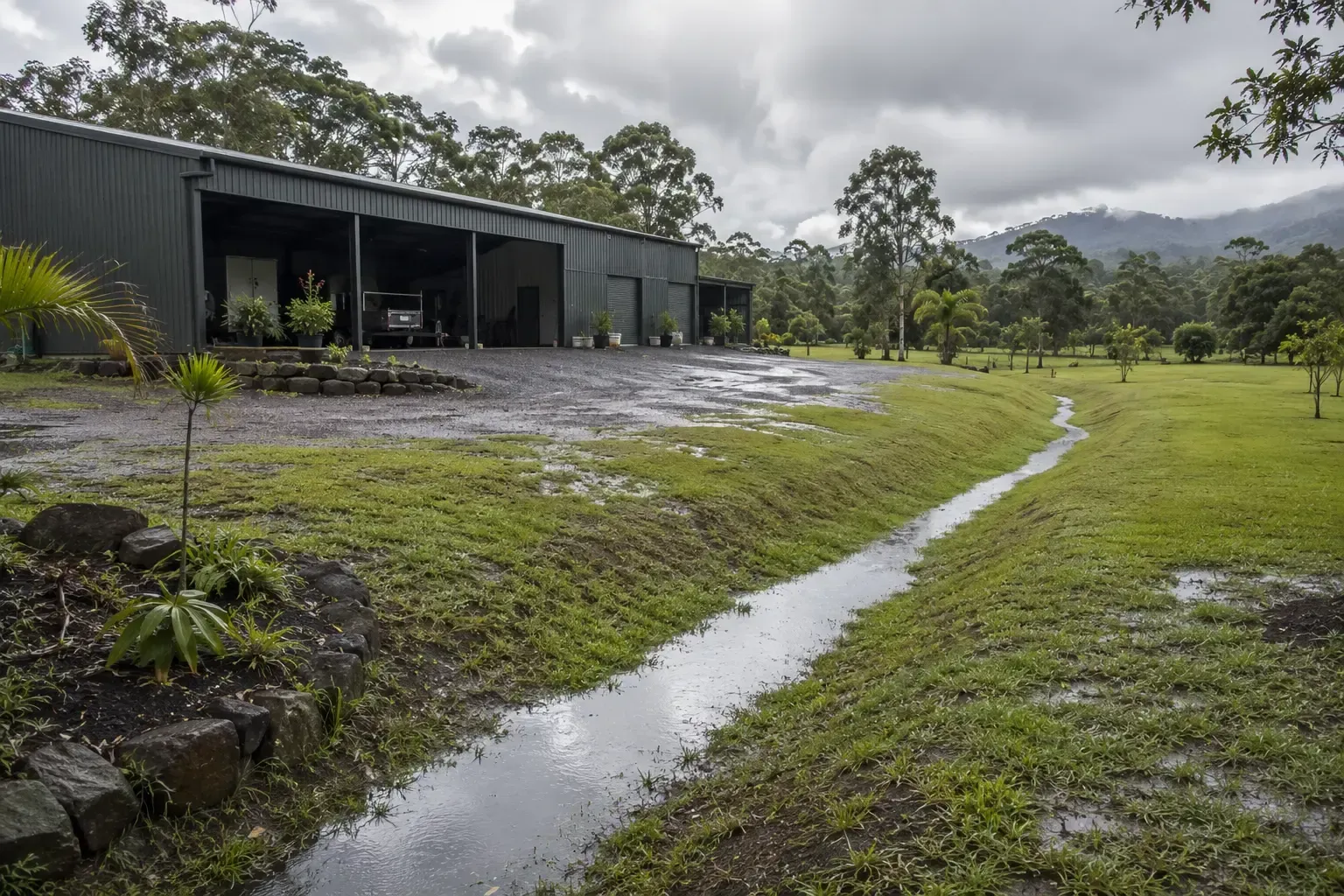 Rural swale in front of a large shed