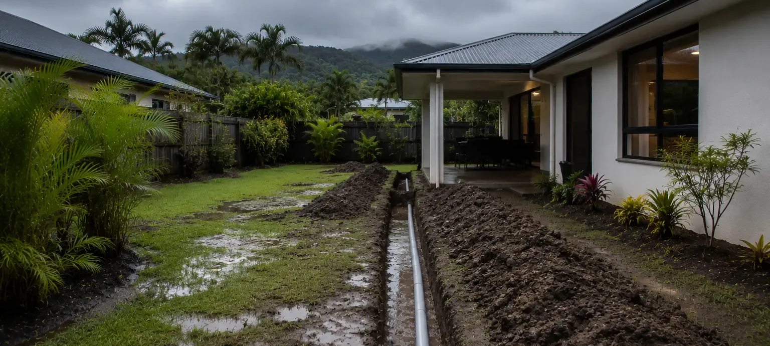Trench with ag pipe install underway for a Cairns yard with constant standing water issues.