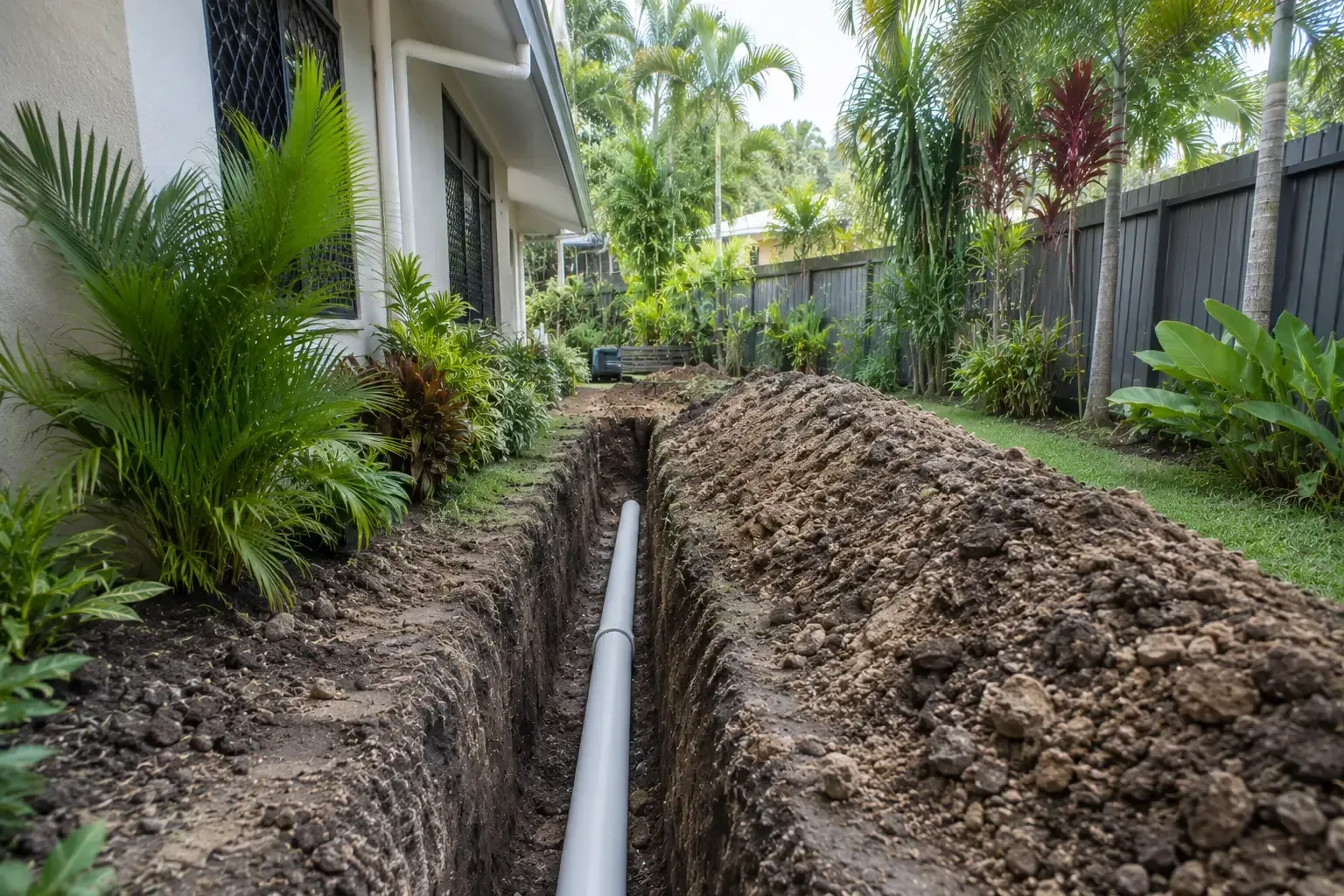 Trench with exposed ag pipe running beside a house in a landscaped yard in Smithfield