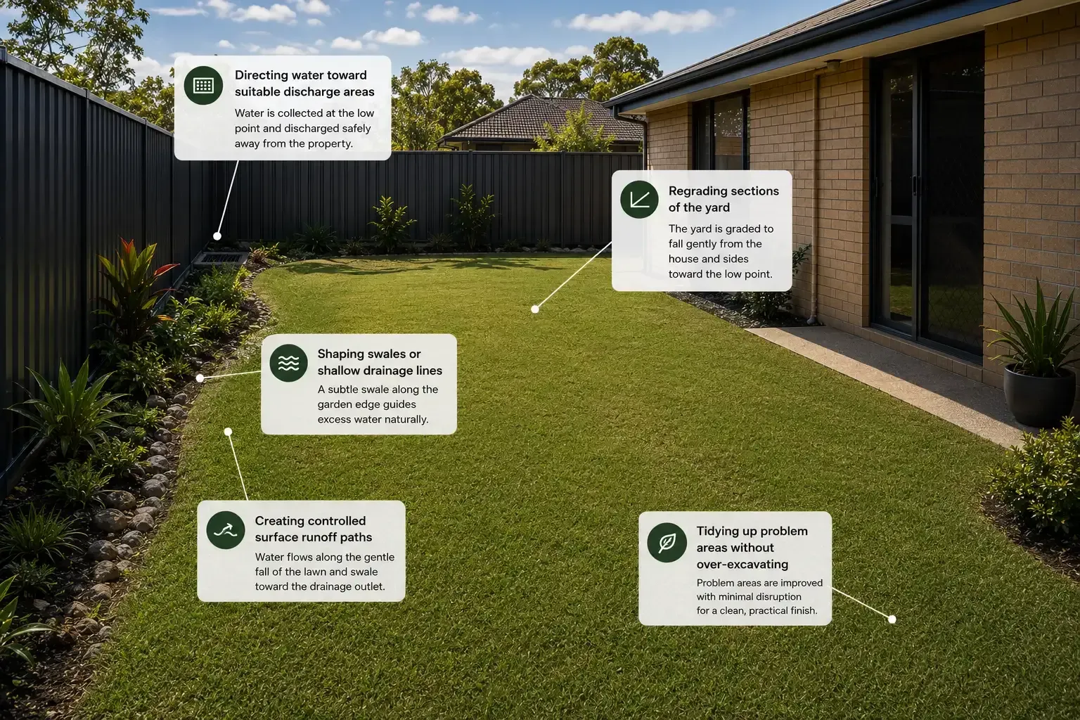 Example of subtle yard shaping with regrading and a swale to guide water away from the home to a drain positioned at the low point of the yard in Cairns.