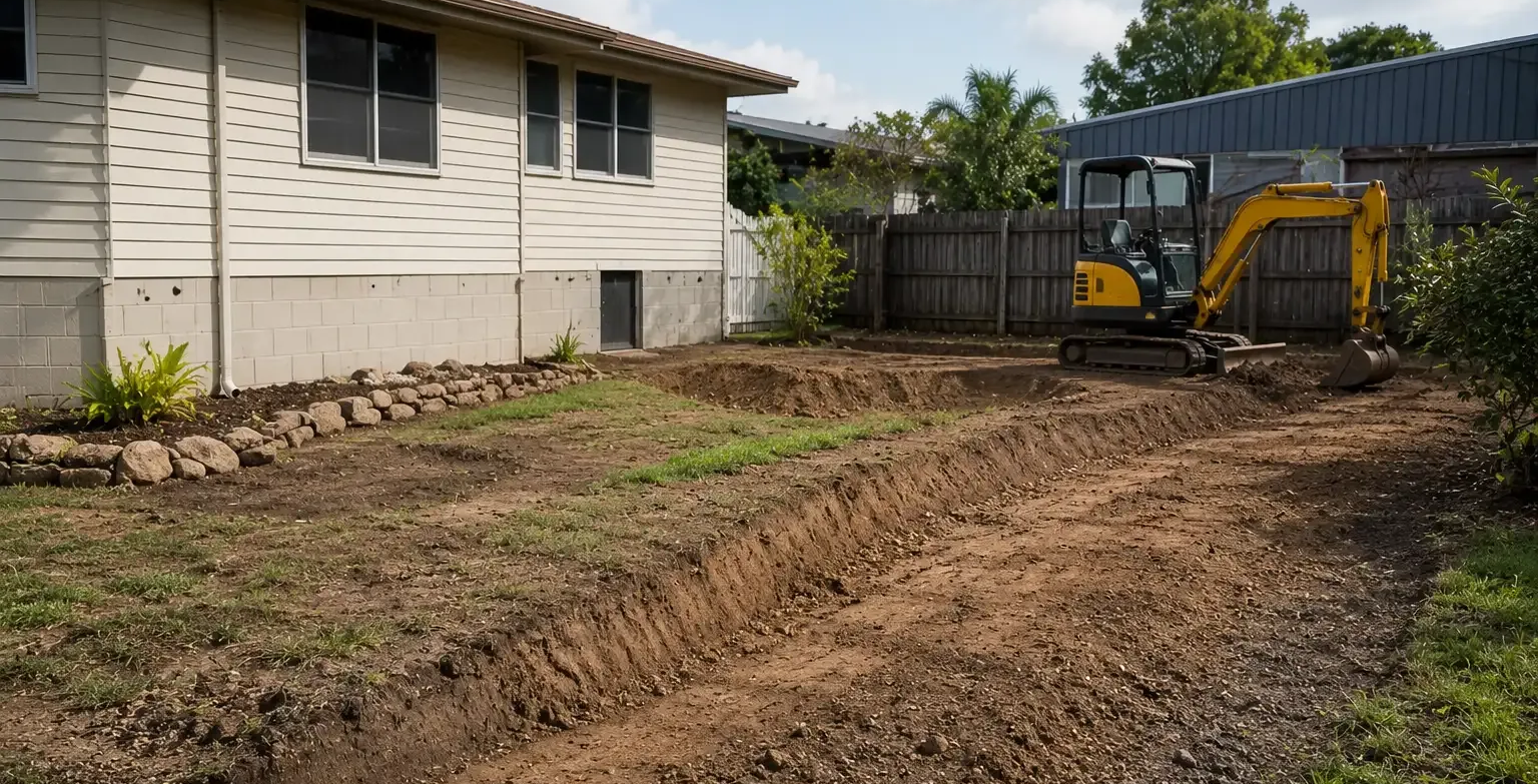 Older home in Whitfield with a land shaping job in progress to direct rainwater away from the home.
