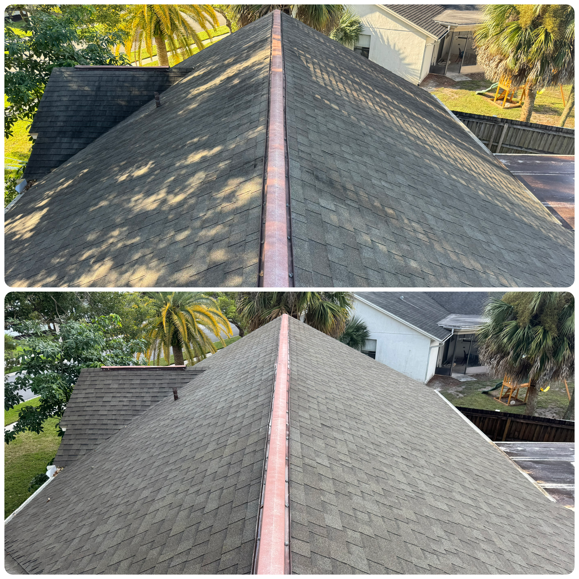 Soft wash roof cleaning for shingle roofs in Carrollwood Wild West Washing safely removes algae & stains. Free quotes today!