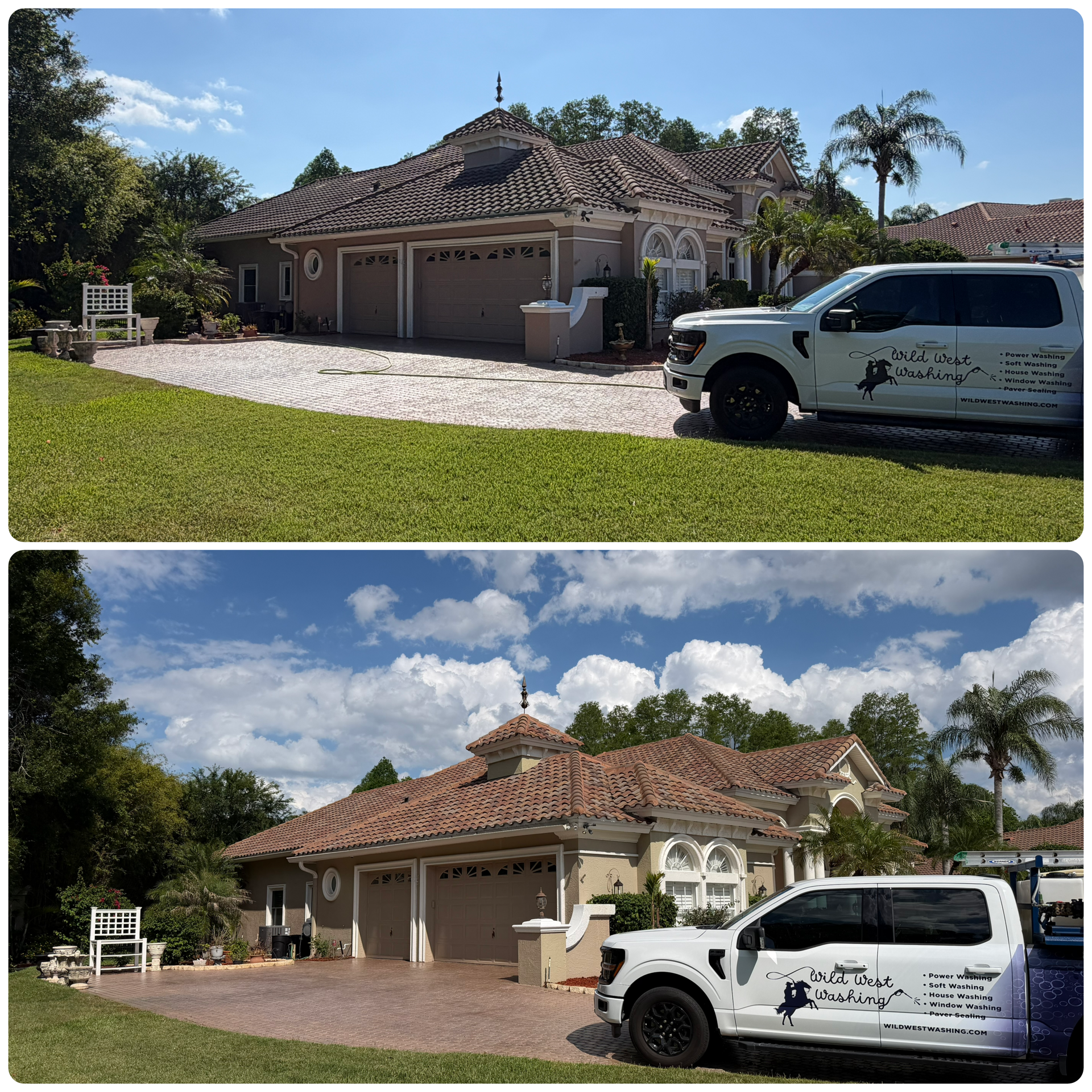 Soft wash roof cleaning for tile roofs in Cheval Wild West Washing safely removes algae & stains. Free quotes available now!