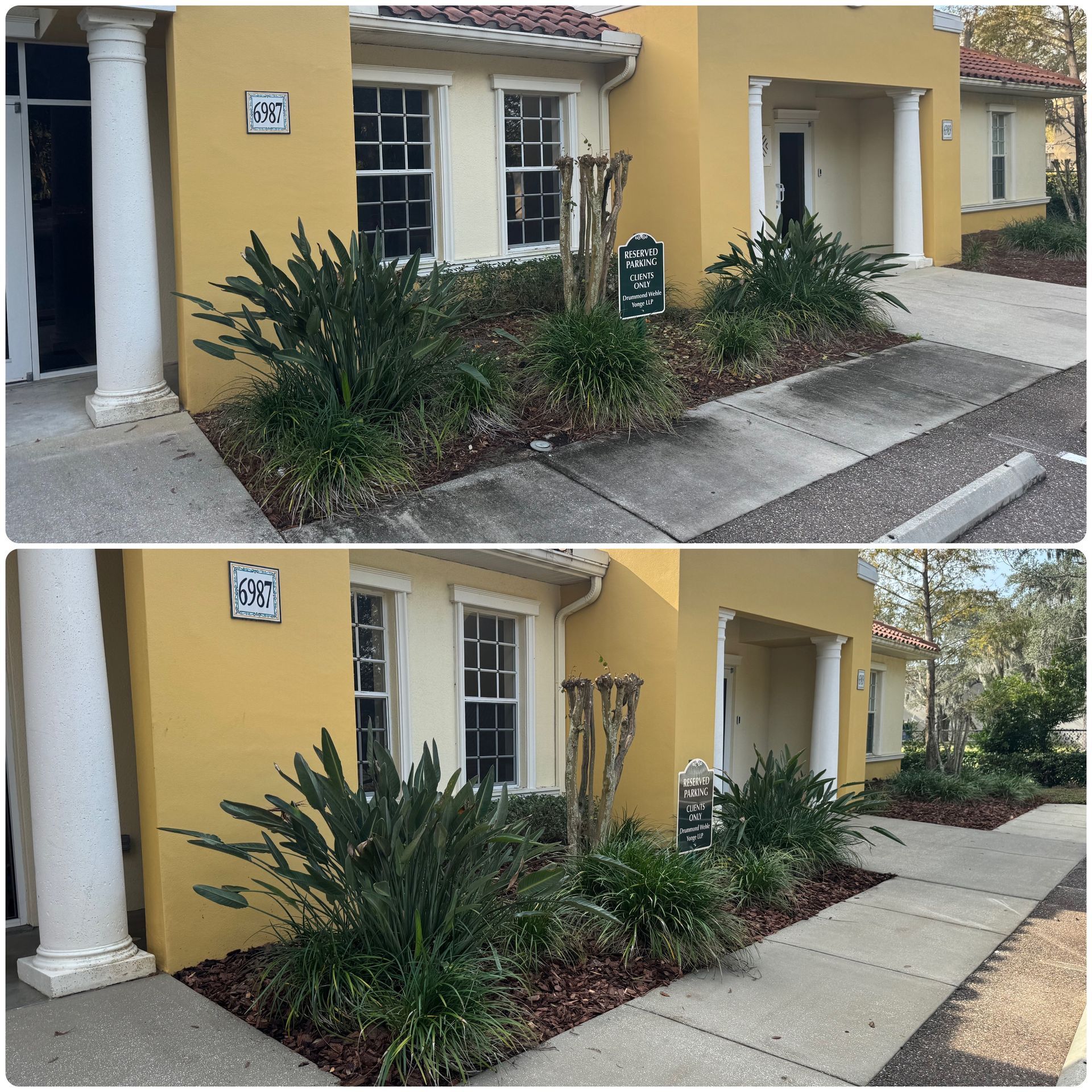 A before and after picture of a yellow building