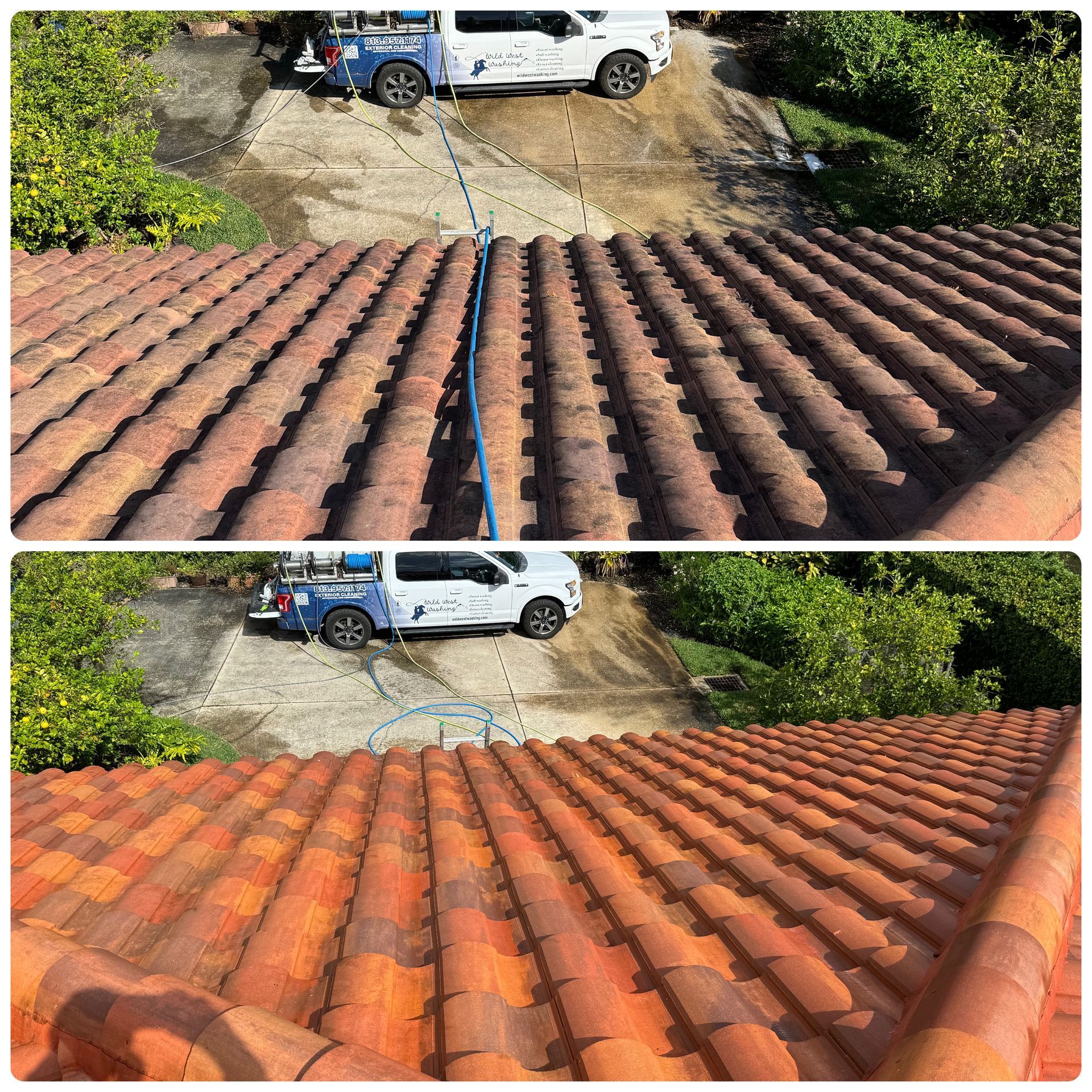 Soft wash tile roof cleaning in Carrollwood Wild West Washing safely removes algae & stains, protecting shingles. Call today!