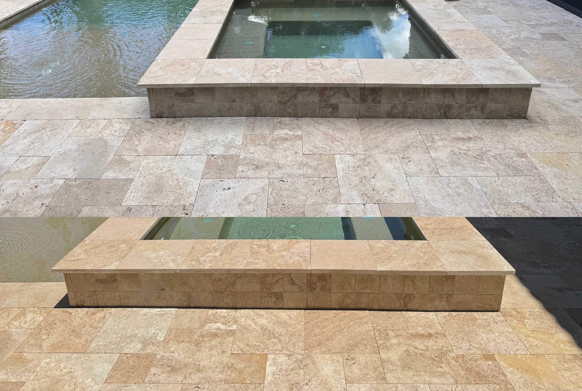 Before and after: pool patio travertine sealing in Lutz! We transform outdoor spaces with lasting protection call today!