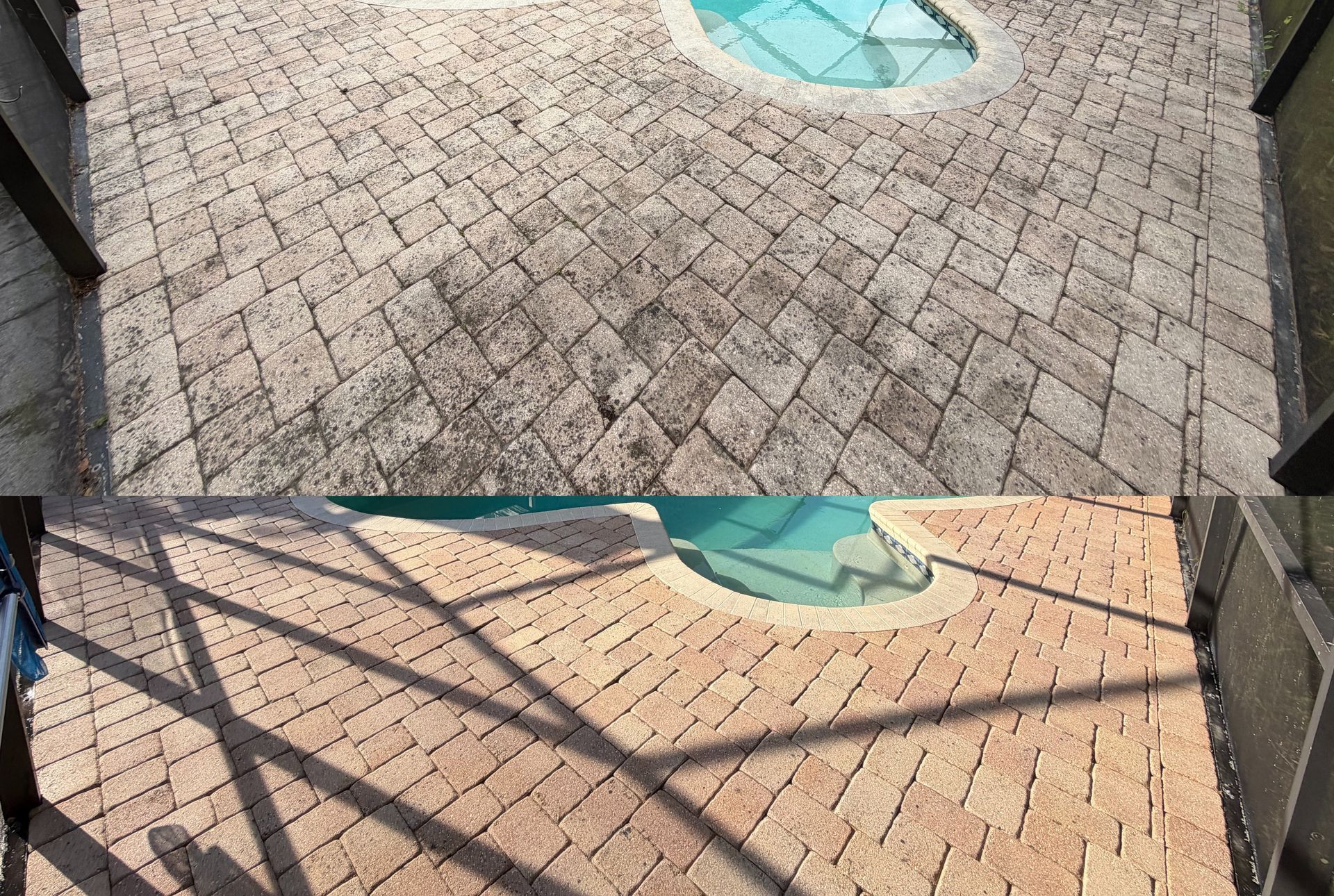 Before & after's pool patio paver sealing restoration project in Carrollwood. Call us today for a free quote on your property