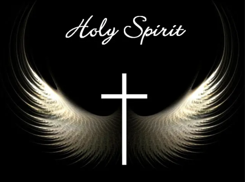 A cross with angel wings and the words holy spirit