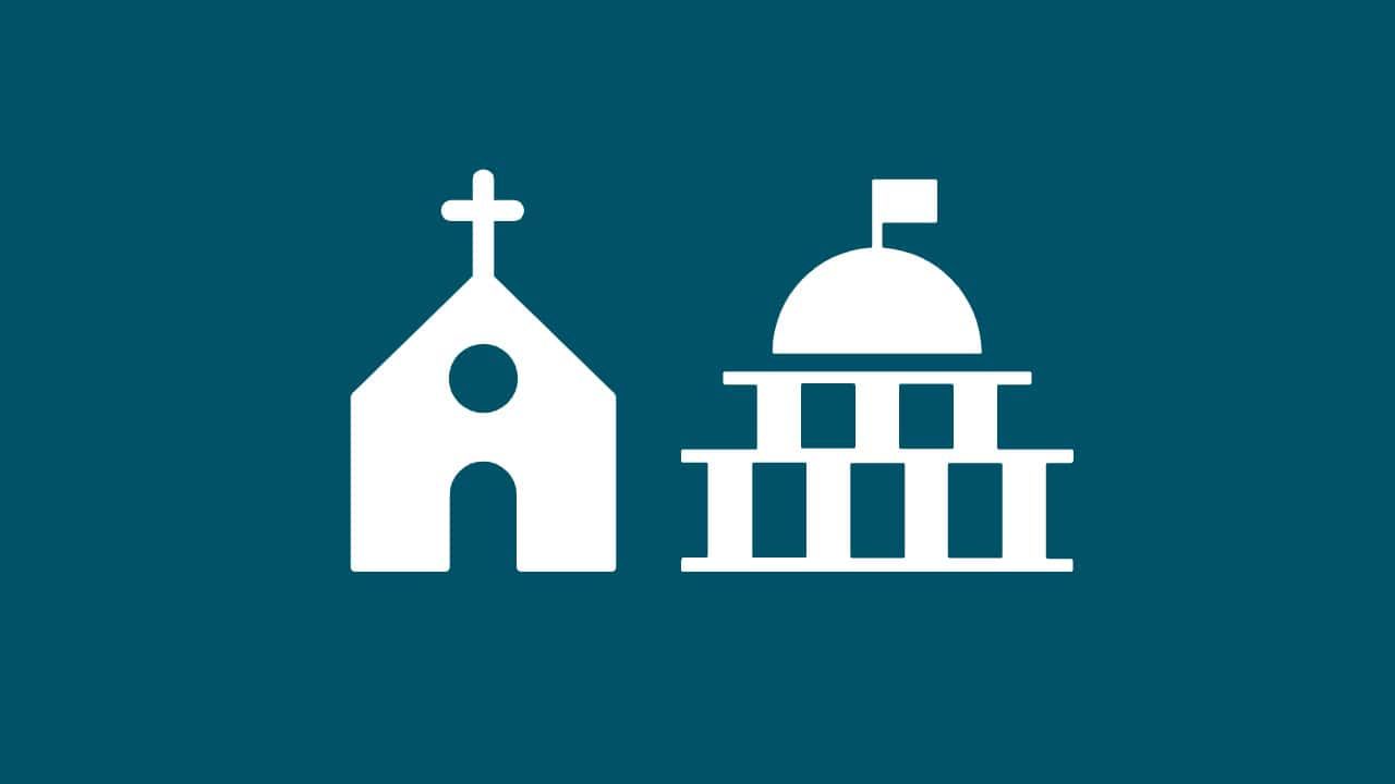 A white icon of a church and a building on a blue background.