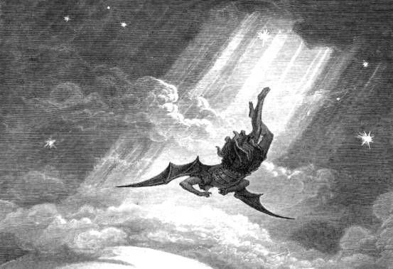 A black and white painting of a demon flying through the air.