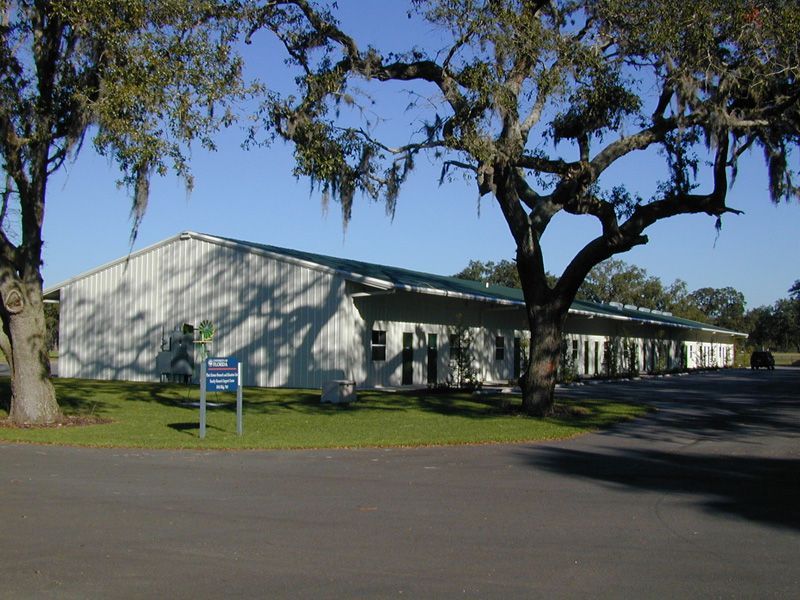 Large, light-colored building with dark doors and green roof, flanked by trees with Spanish moss, on a sunny day.