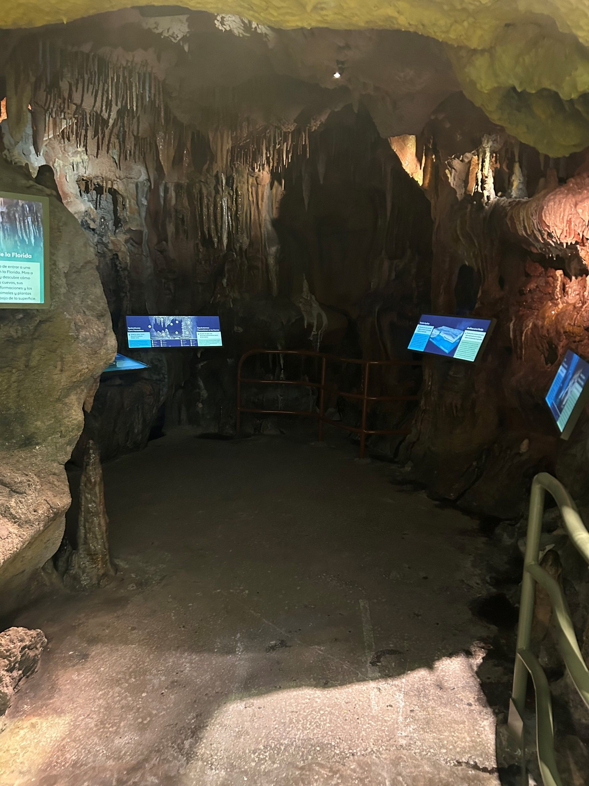 Cave entrance with path and informational displays. Stalactites hang from the ceiling.
