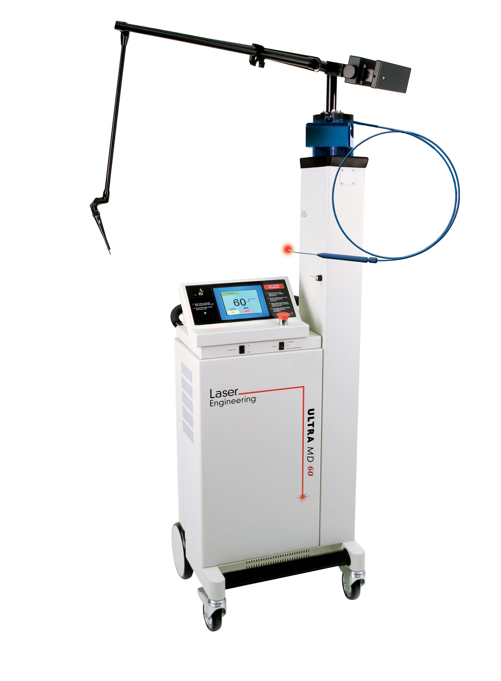 A white machine with a blue hose attached to it on a white background.