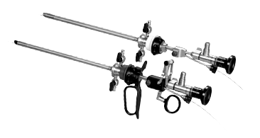 Two laparoscopic surgical instruments with long metal shafts and black handles on a white background