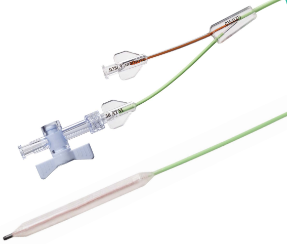 A close up of a needle and a catheter on a white background.