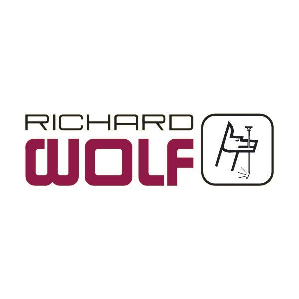 The logo for richard wolf is red and black