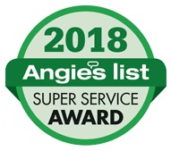 A green and white badge that says `` angie 's list super service award ''.