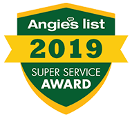 A green and yellow shield with the words `` angie 's list 2019 super service award '' written on it.