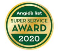 A green and gold badge that says angie 's list super service award 2020