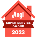 A red house with the words angi super service award 2023 on it