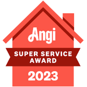 A red house with the words angi super service award 2023 on it