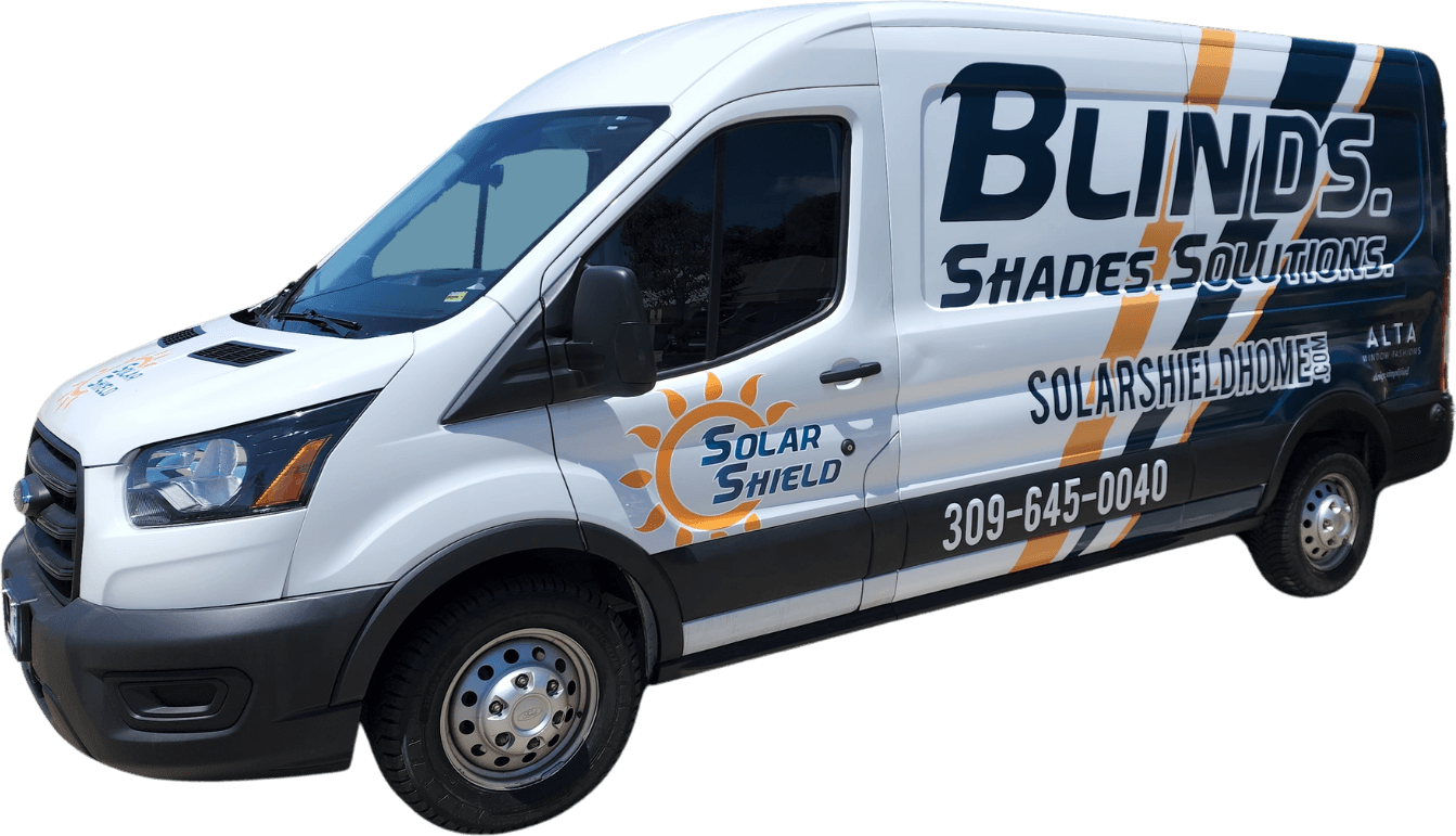 A white van with the word blinds on it