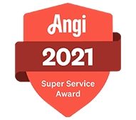 A red shield with the words `` angi 2021 super service award '' written on it.