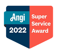 A blue and red badge with the words `` angi super service award '' written on it.