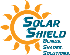 A logo for solar shield blinds shades and solutions