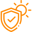 A shield with a check mark on it and a sun behind it.