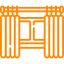 A drawing of a bed with curtains on a white background.