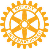 Orange Rotary International gear logo with white inner circle and text.
