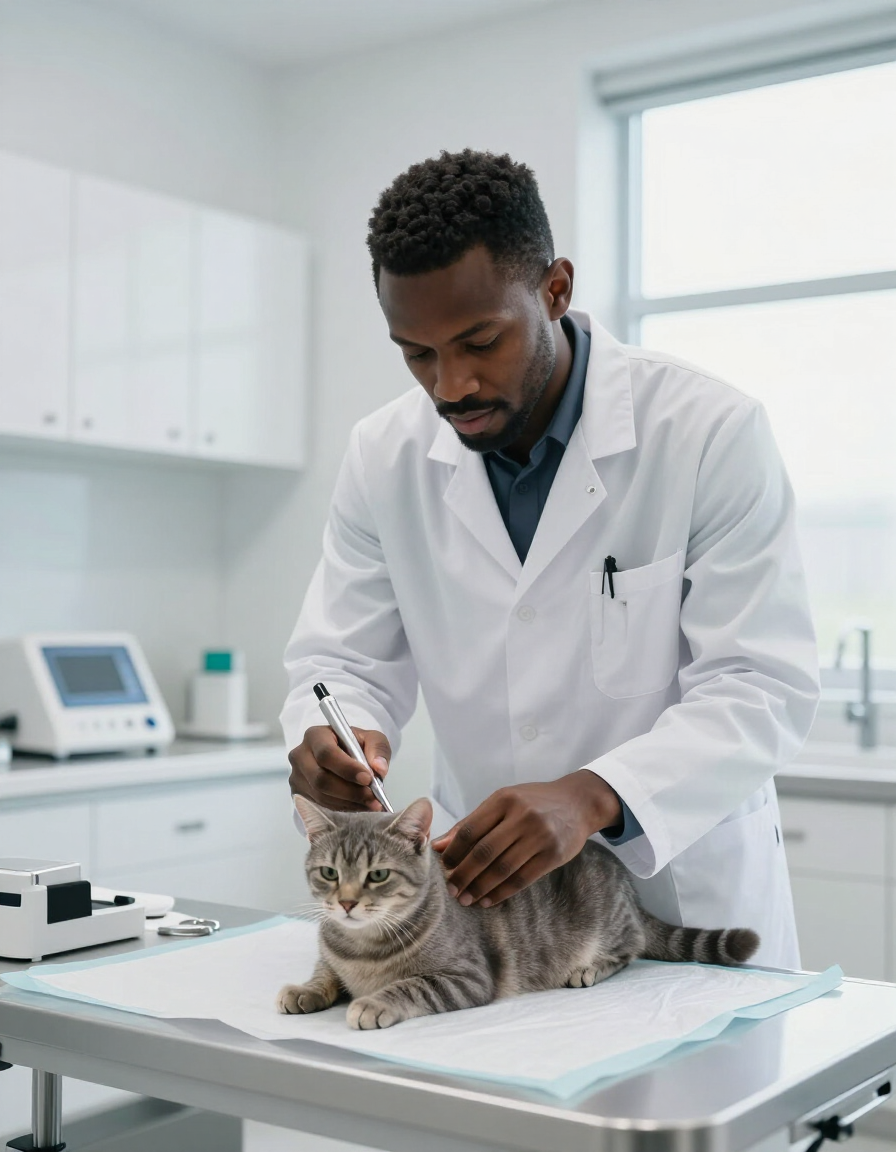 Veterinario examinando a un gato gris sobre una mesa de consulta en una sala de exploración luminosa.