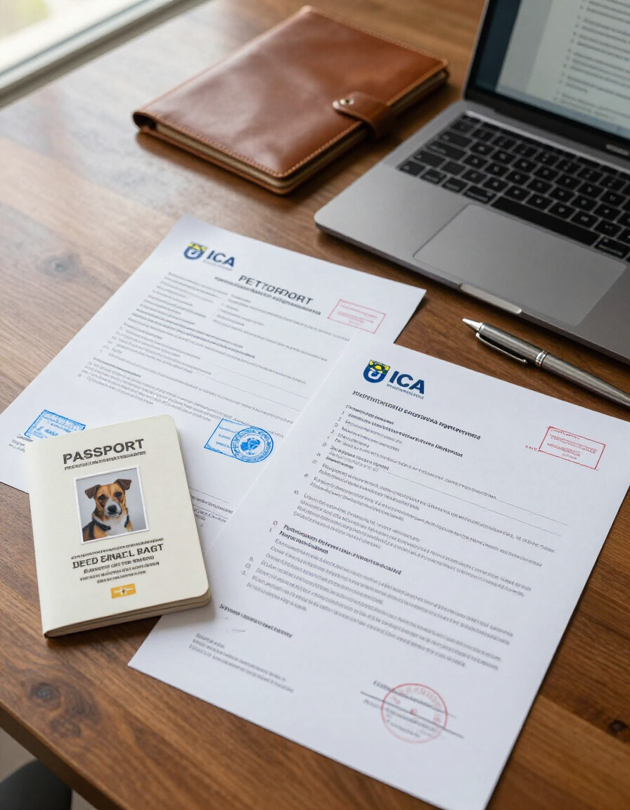 Escritorio con documentos de la ICAA, libreta de pasaporte, ordenador portátil y bolígrafo sobre una mesa de madera.