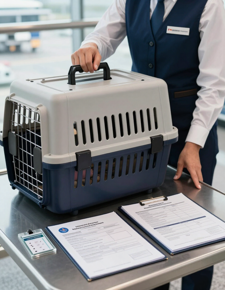Una persona con chaleco sostiene un transportín para mascotas de color gris y azul
