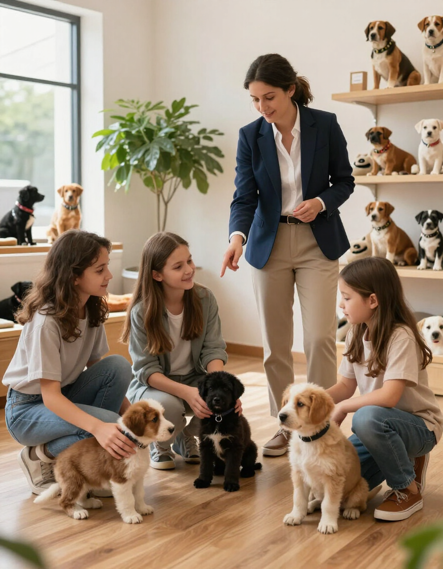 Una mujer con chaqueta azul marino muestra a tres niños y varios cachorros en una luminosa tienda de mascotas.