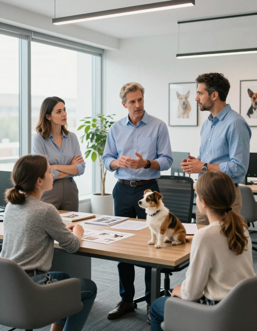 Reunión de equipo en una oficina luminosa, con cinco personas reunidas alrededor de una mesa y un perrito sentado sobre ella.
