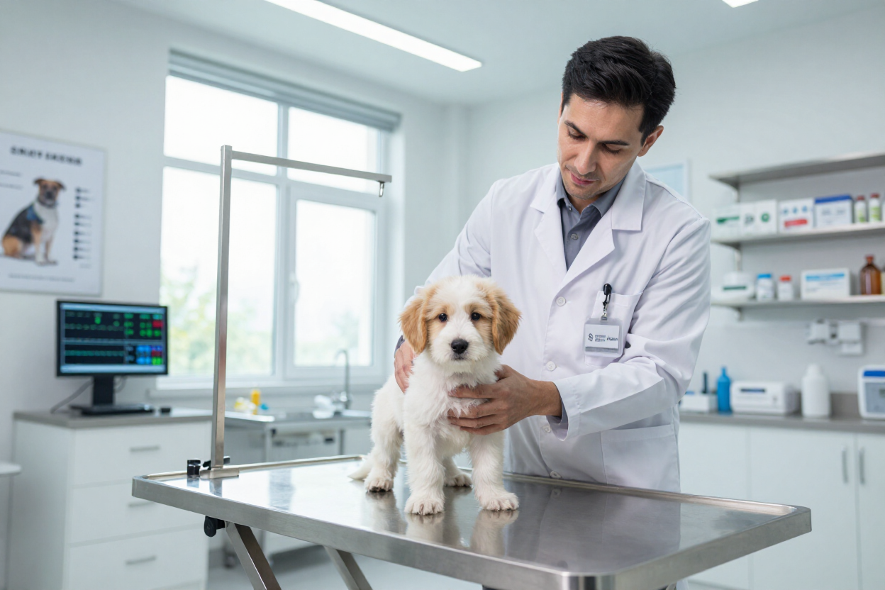 Veterinario examinando a un cachorro sobre una mesa de acero inoxidable en una luminosa sala de exploración de la clínica.