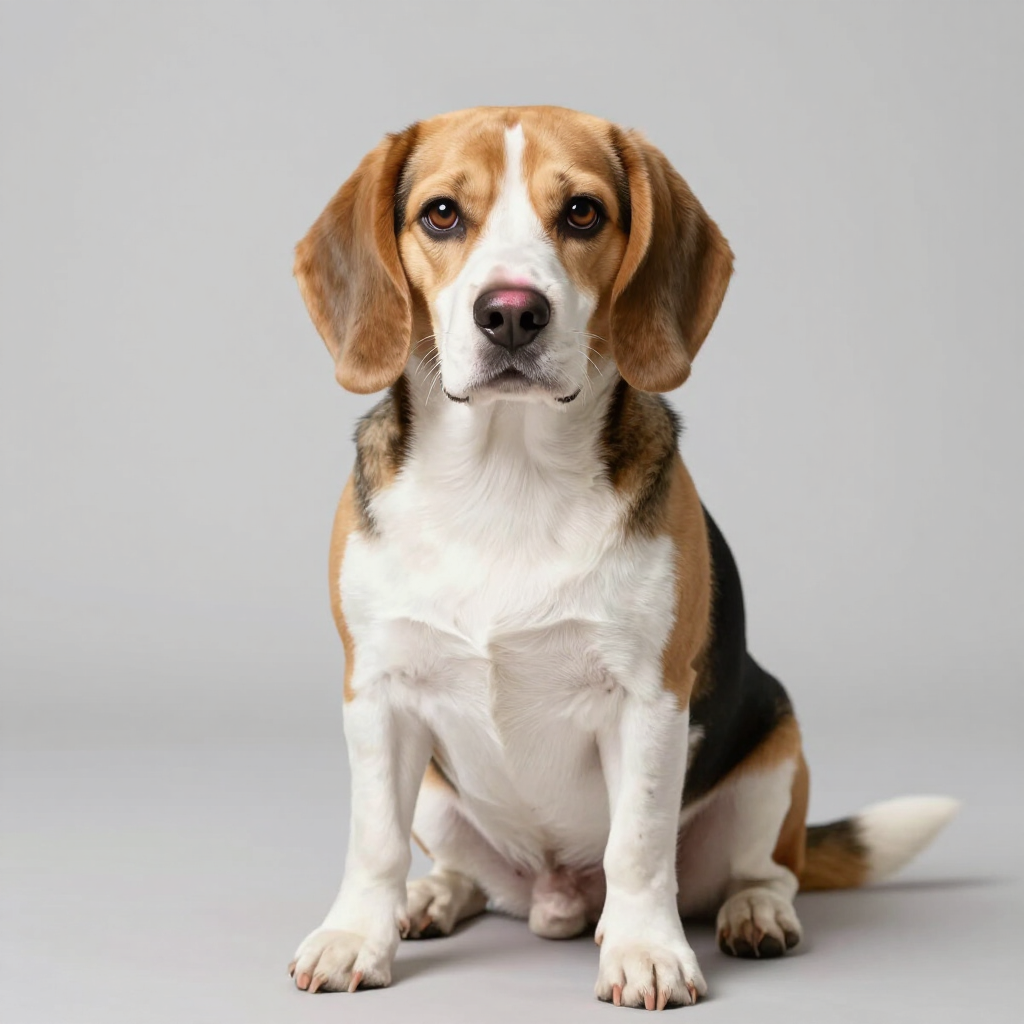 Un beagle sentado sobre un fondo gris liso, mirando al frente con expresión tranquila.