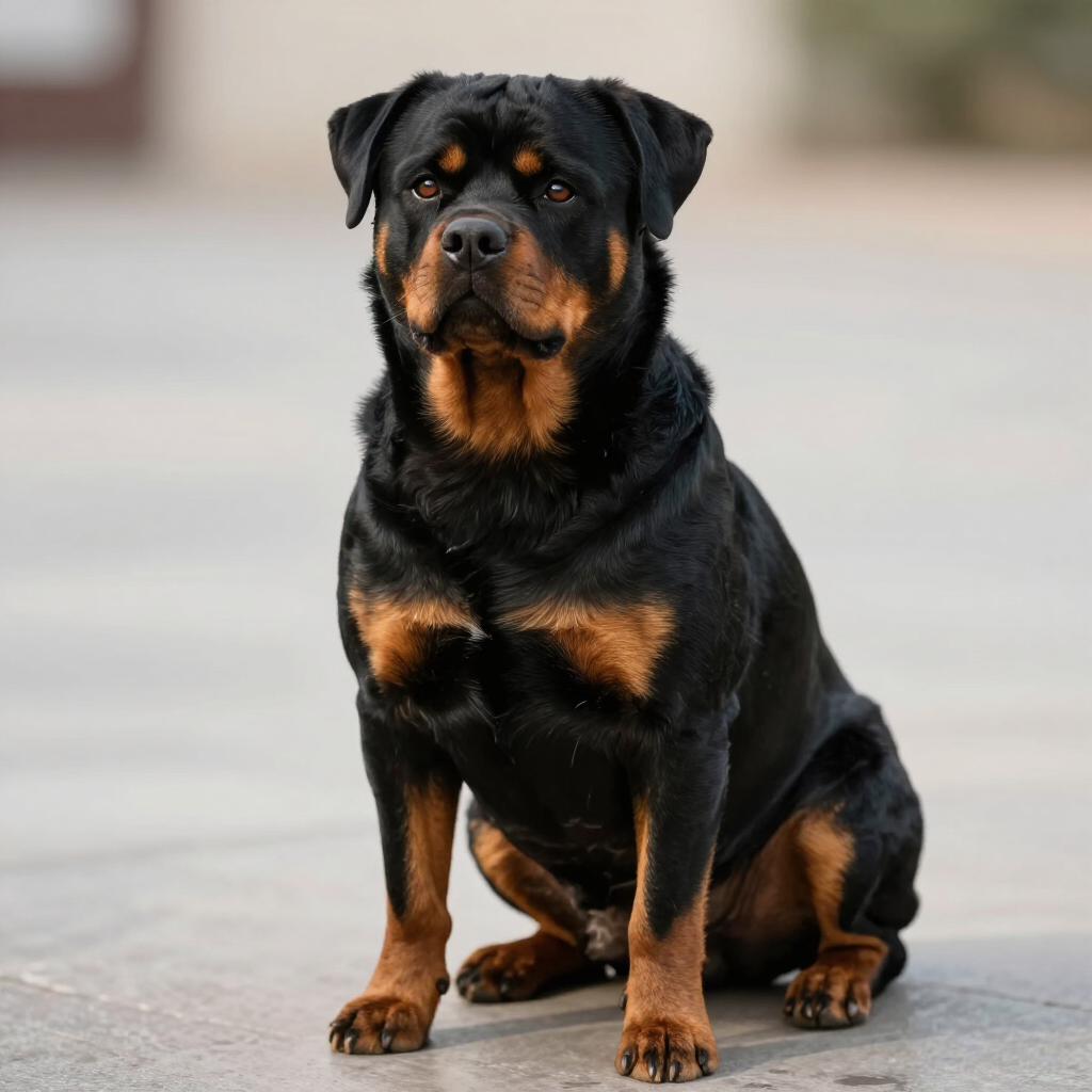 Un rottweiler sentado sobre una superficie pavimentada, de pelaje negro y marrón, mirando a la cámara.