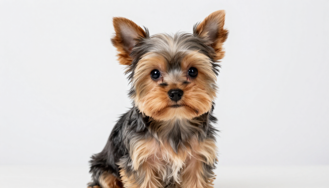Cachorro pequeño de Yorkshire Terrier con pelaje marrón y negro sentado sobre un fondo blanco.