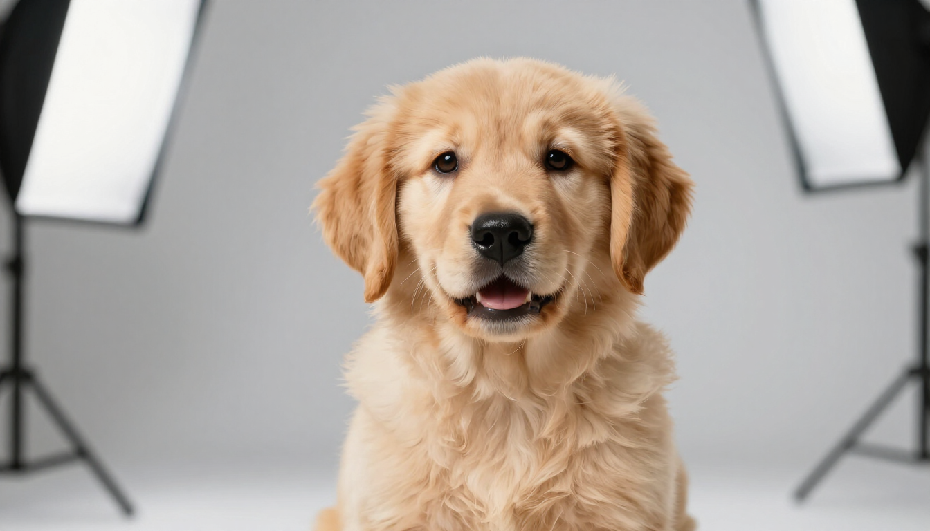 Un cachorro de golden retriever sentado en un estudio, centrado entre dos focos de luz, mirando a la cámara.