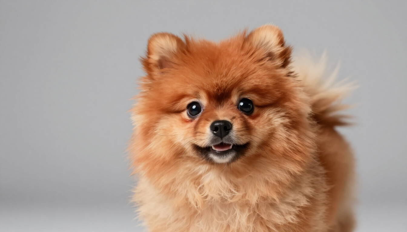 Cachorro Pomerania marrón y esponjoso sonriendo sobre un fondo gris claro.