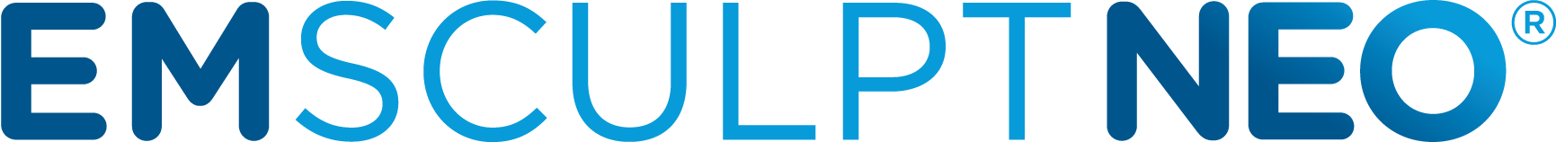The word emsculpt neo is written in blue on a white background