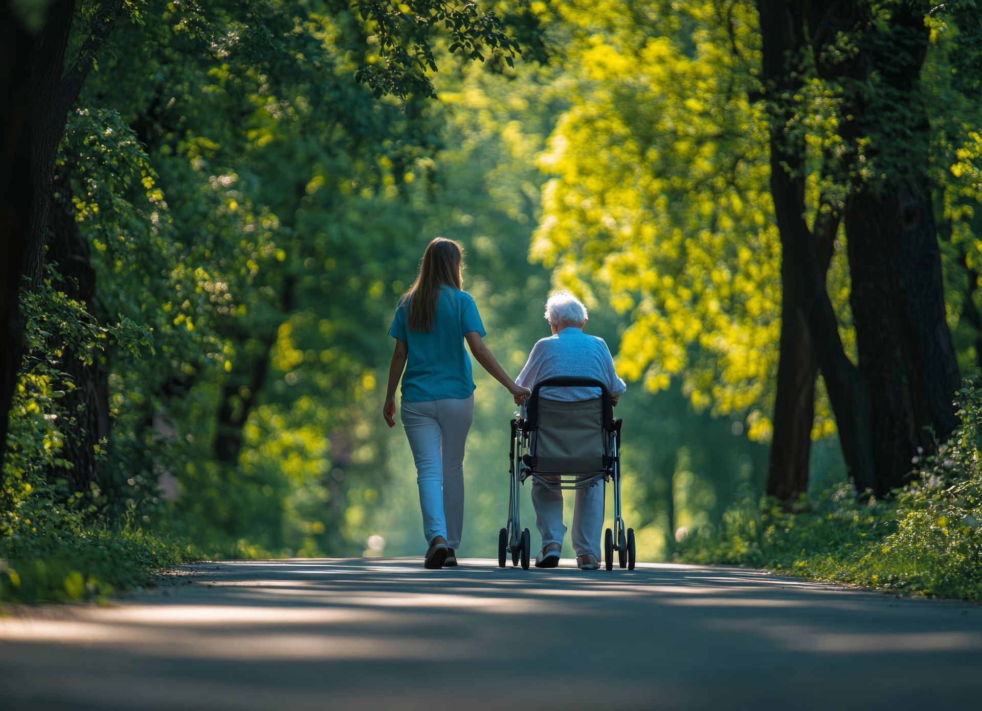 Woman walking beside an elderly person in a wheelchair on a tree-lined road
