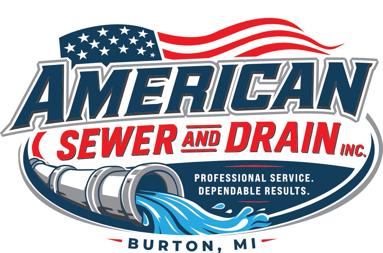Logo for American Sewer Cleaners, featuring a shield with the American flag and the company's name in white on a blue background.