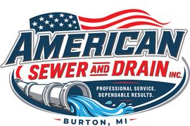 Logo for American Sewer Cleaners, featuring a shield with the American flag and the company's name in white on a blue background.