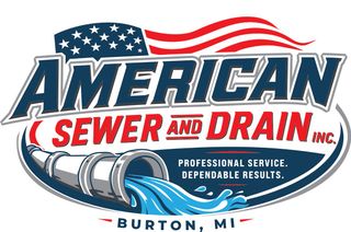Logo for American Sewer Cleaners, featuring a shield with the American flag and the company's name in white on a blue background.
