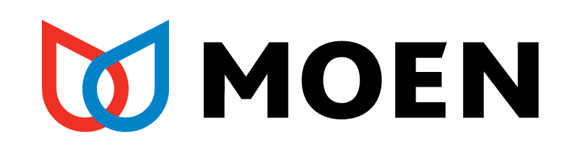 A moen logo with a red and blue swirl on a white background.